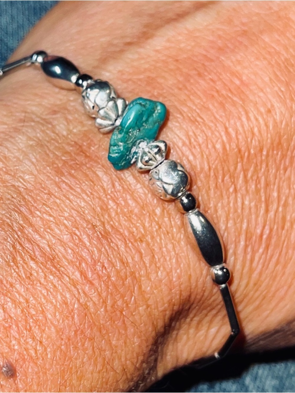 Sterling Silver 925 Beaded Bracelet with Turquoise Stone 7”